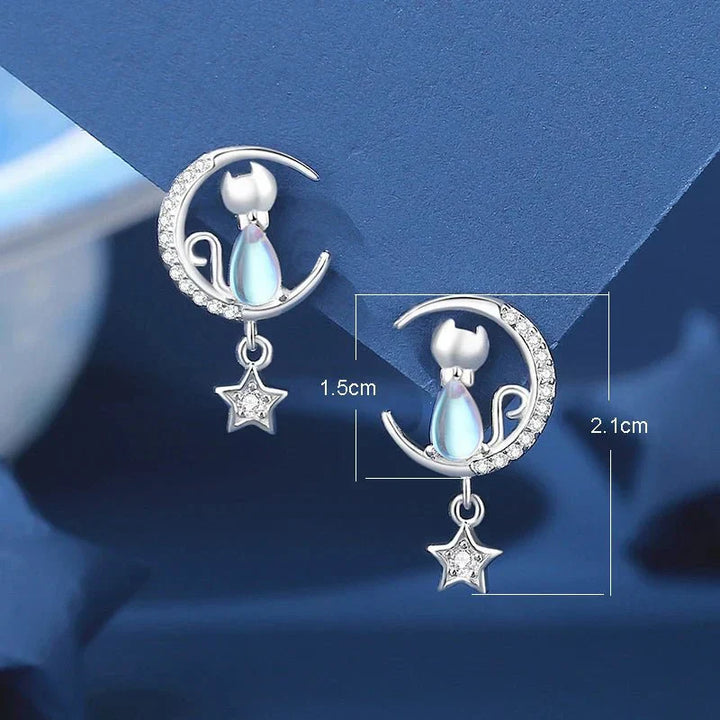 Cat earrings with moon and star in sterling silver 925 with zirconia