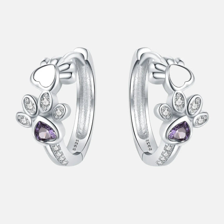 Paw Huggie Earrings in Silver with Zirconia and Heart-Shaped Gem