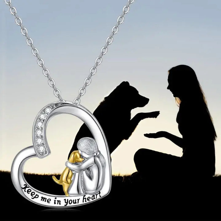 Silver Heart Necklace with Dog and Zirconia Stones