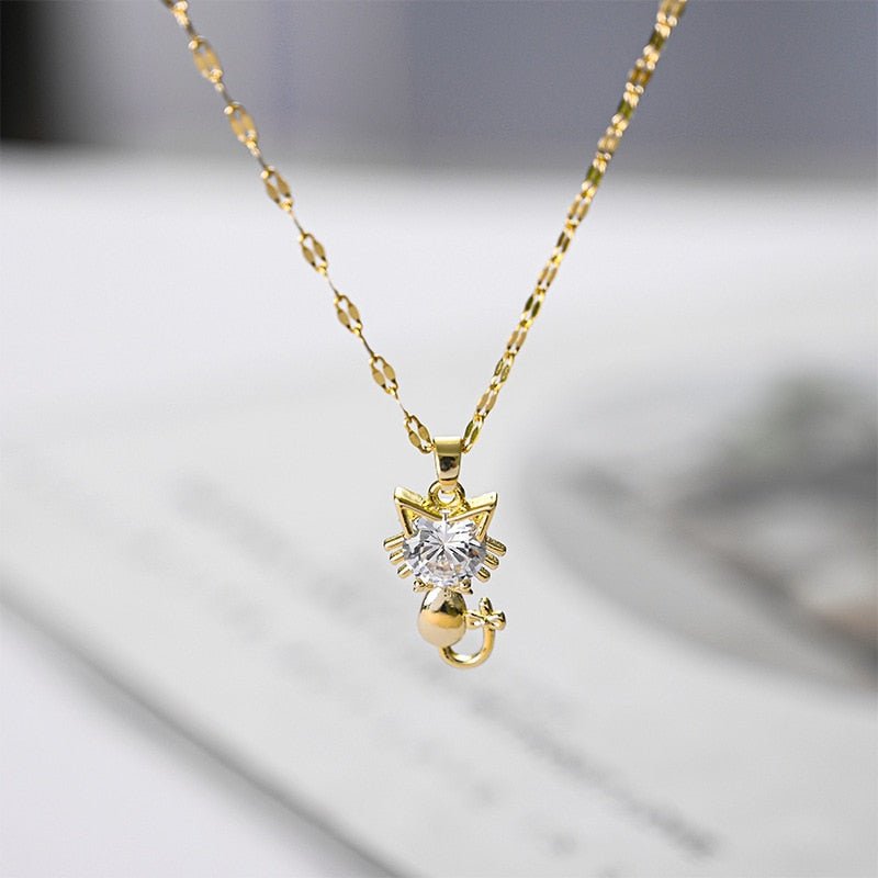 Gold-Plated Cat Necklace with Zirconia