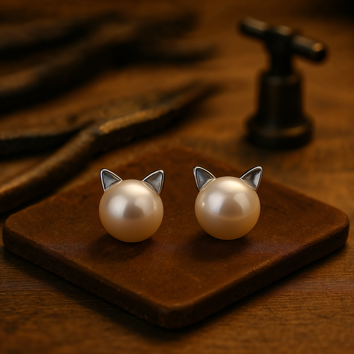 Sterling Silver Cat-Shaped Pearl Stud Earrings
