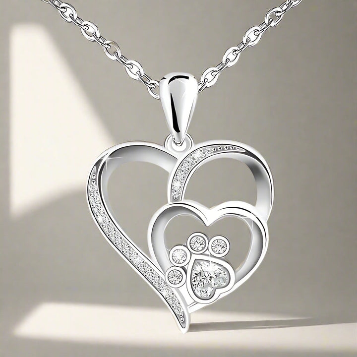 Sterling Silver Necklace with Paw and Heart with Zirconia