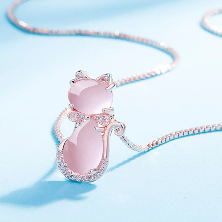 Necklace with adorable pink stone cat with zircon