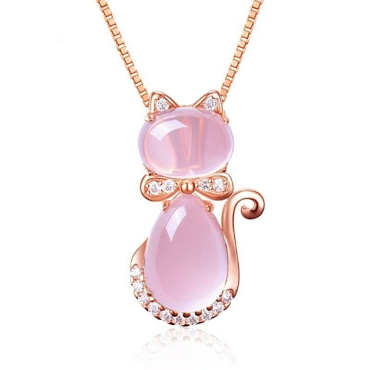 Necklace with adorable pink stone cat with zircon