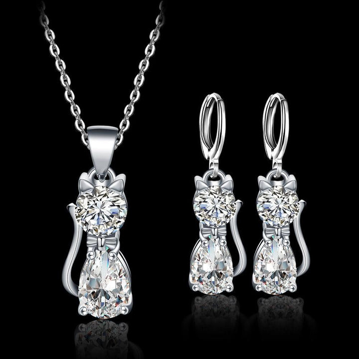 Set necklace + earrings Happy Cats in sterling silver and shiny white zirconia